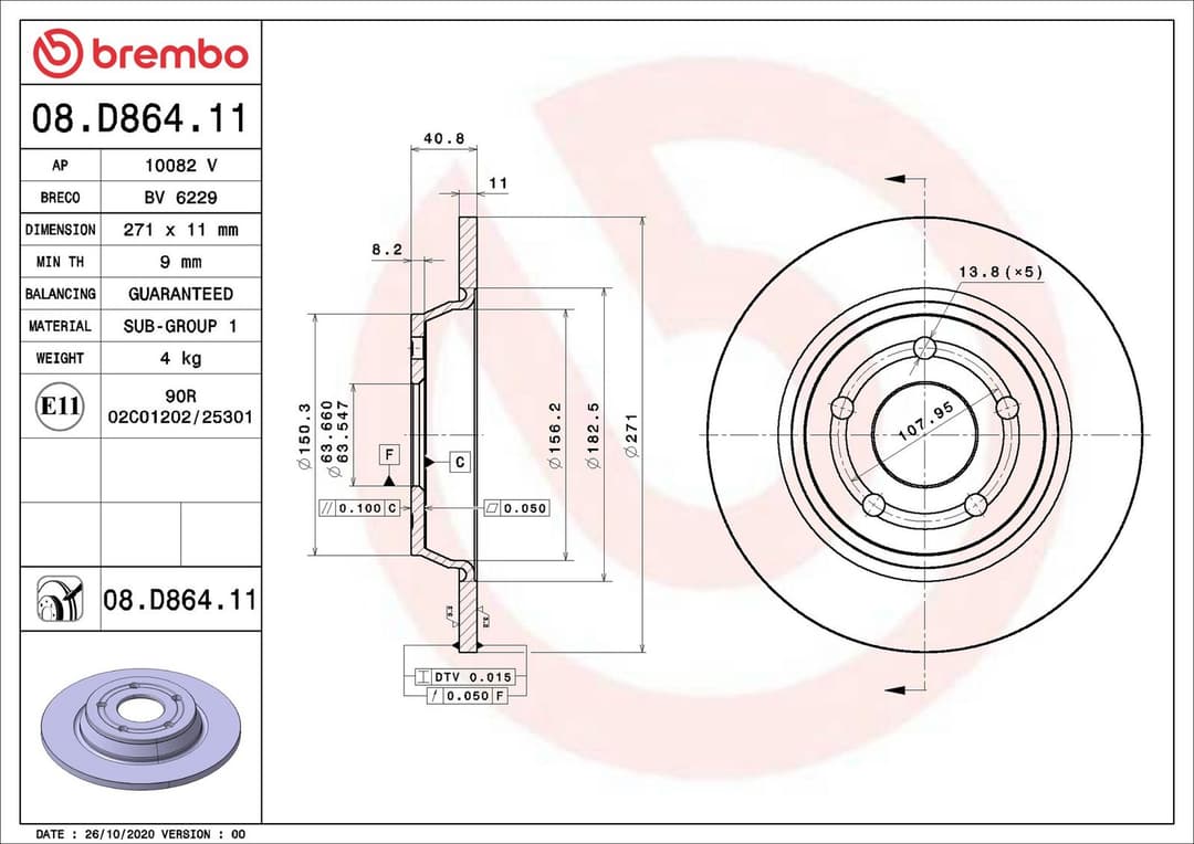 Disc frana BREMBO PRIME LINE - UV Coated 08.D864.11