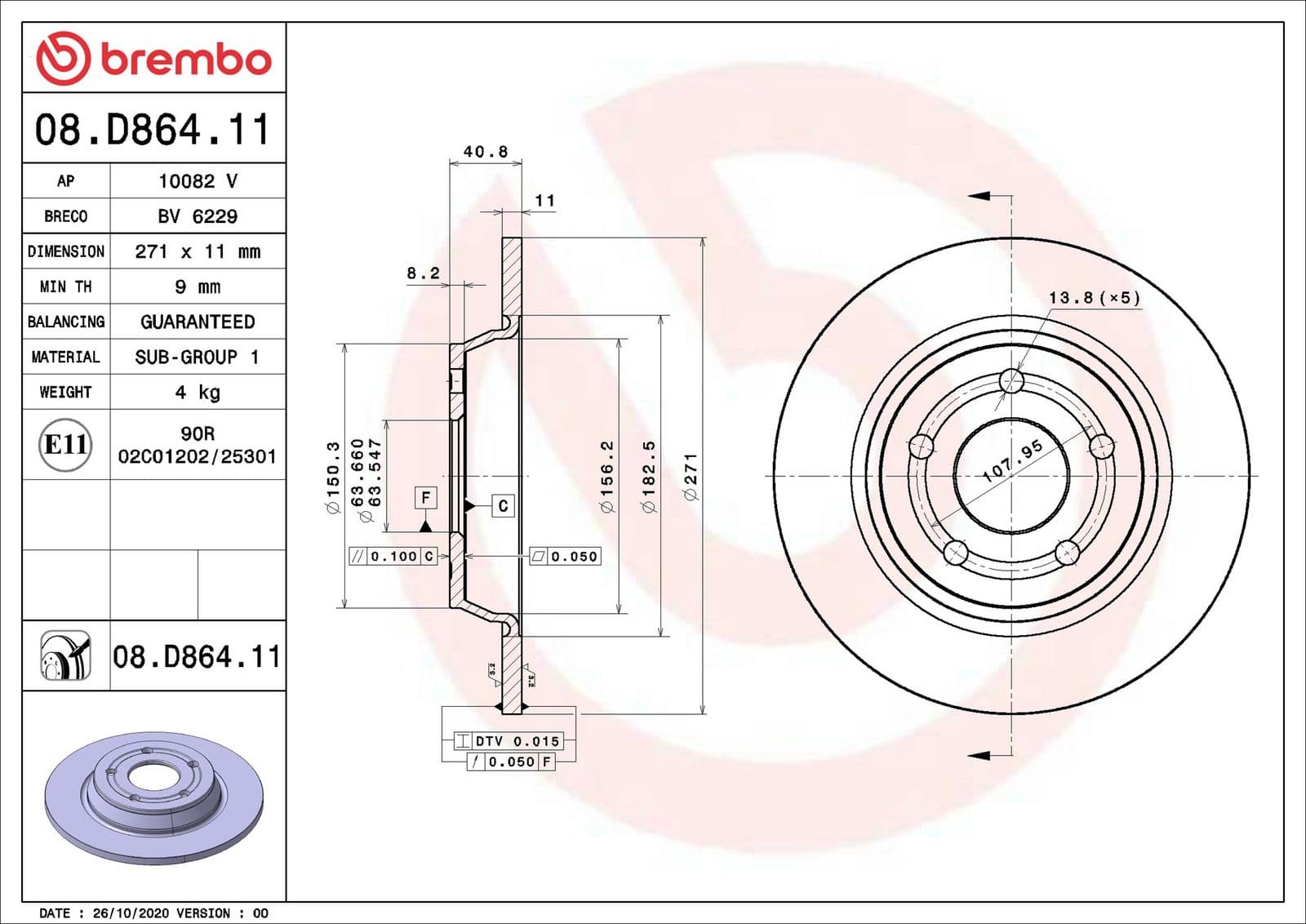 Disc frana BREMBO PRIME LINE - UV Coated 08.D864.11