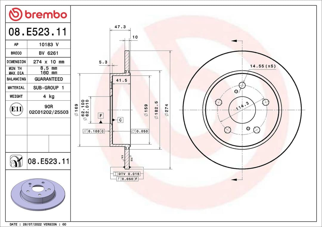 Disc frana BREMBO PRIME LINE - UV Coated 08.E523.11