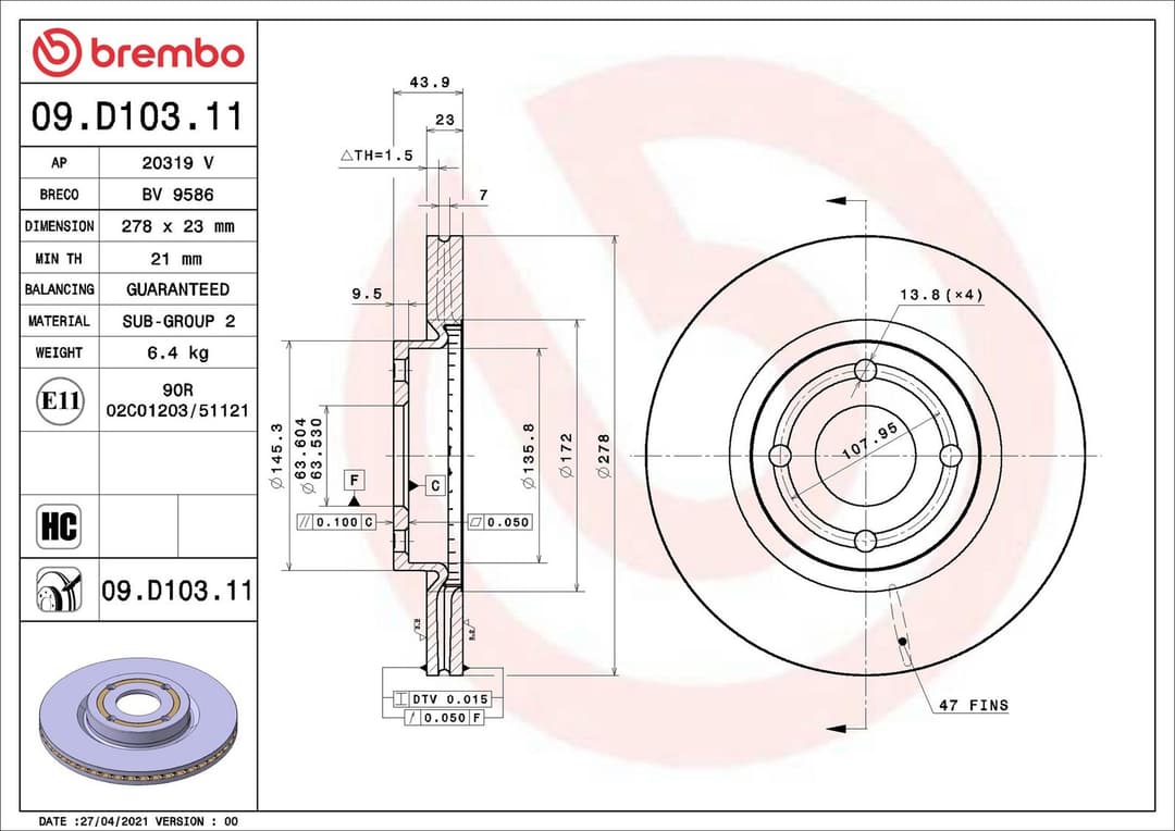 Disc frana BREMBO PRIME LINE - UV Coated 09.D103.11