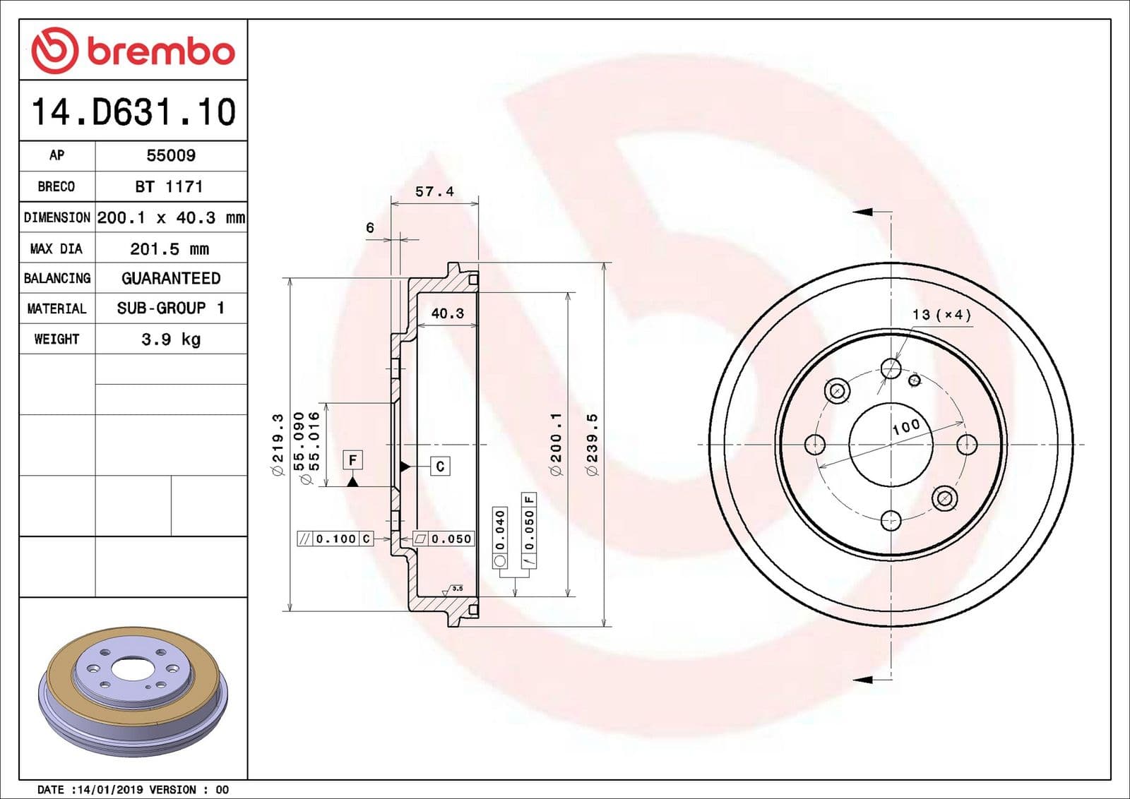 Tambur frana BREMBO 14.D631.10