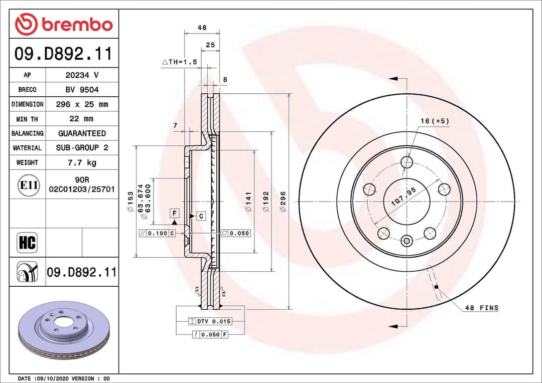 Disc frana BREMBO PRIME LINE - UV Coated 09.D892.11