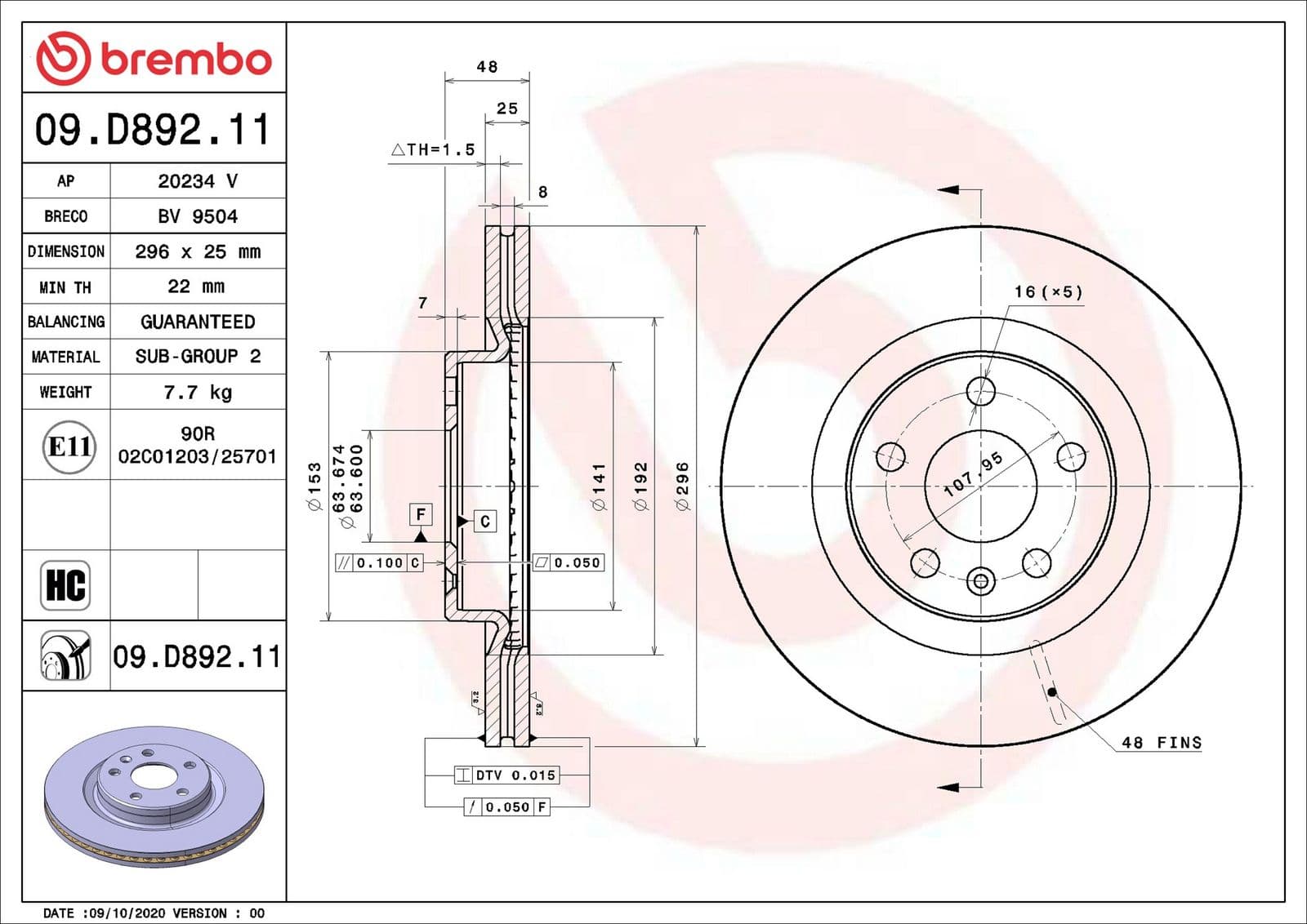 Disc frana BREMBO PRIME LINE - UV Coated 09.D892.11