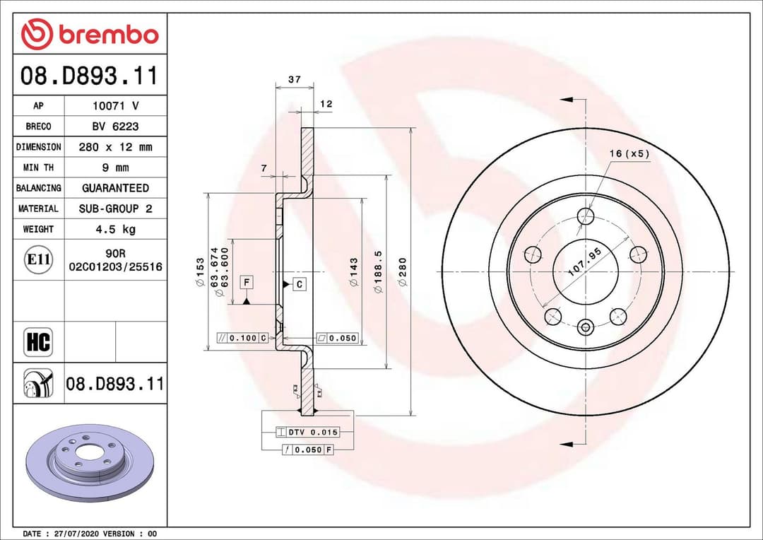 Disc frana BREMBO PRIME LINE - UV Coated 08.D893.11