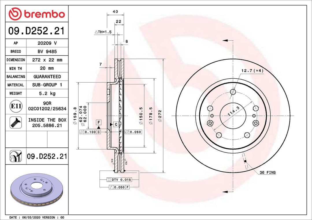 Disc frana BREMBO PRIME LINE - UV Coated 09.D252.21