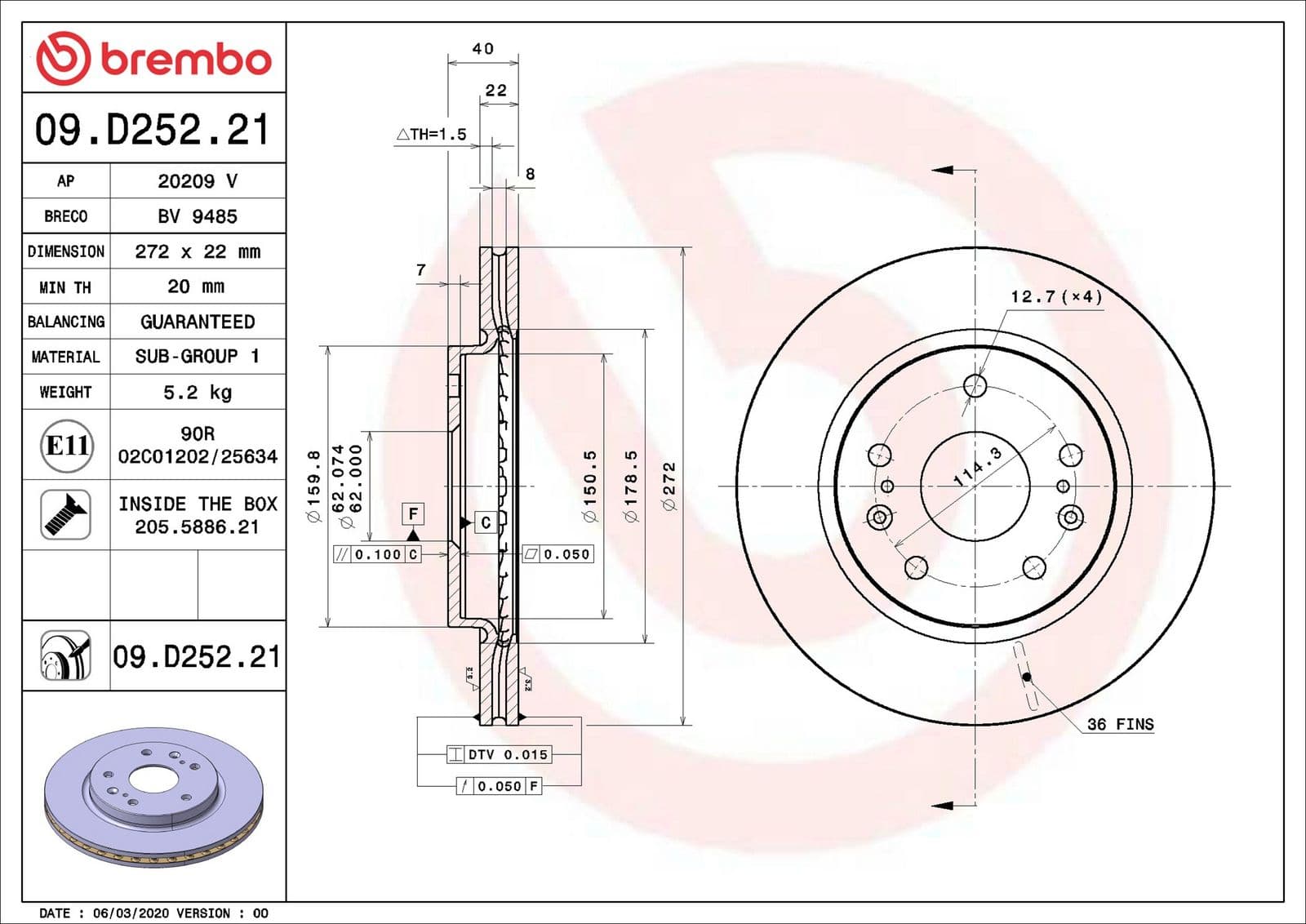 Disc frana BREMBO PRIME LINE - UV Coated 09.D252.21