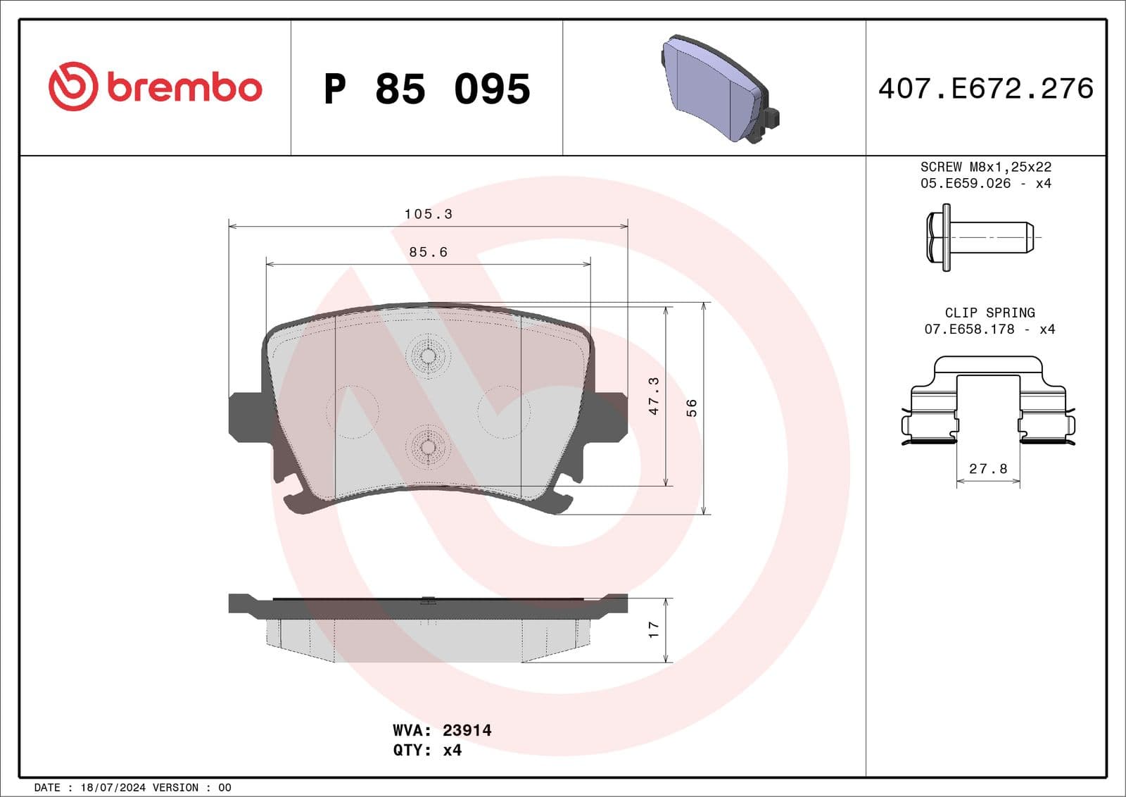 set placute frana,frana disc BREMBO XTRA LINE P 85 095X