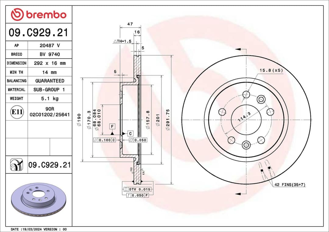 Disc frana BREMBO PRIME LINE - UV Coated 09.C929.21