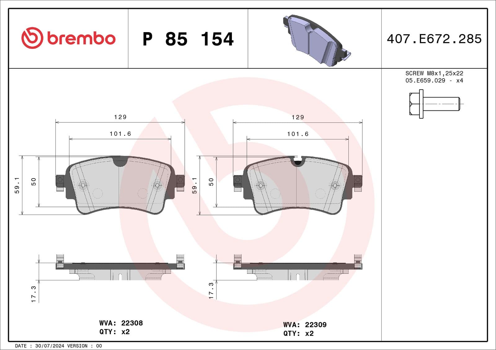 set placute frana,frana disc BREMBO P 85 154