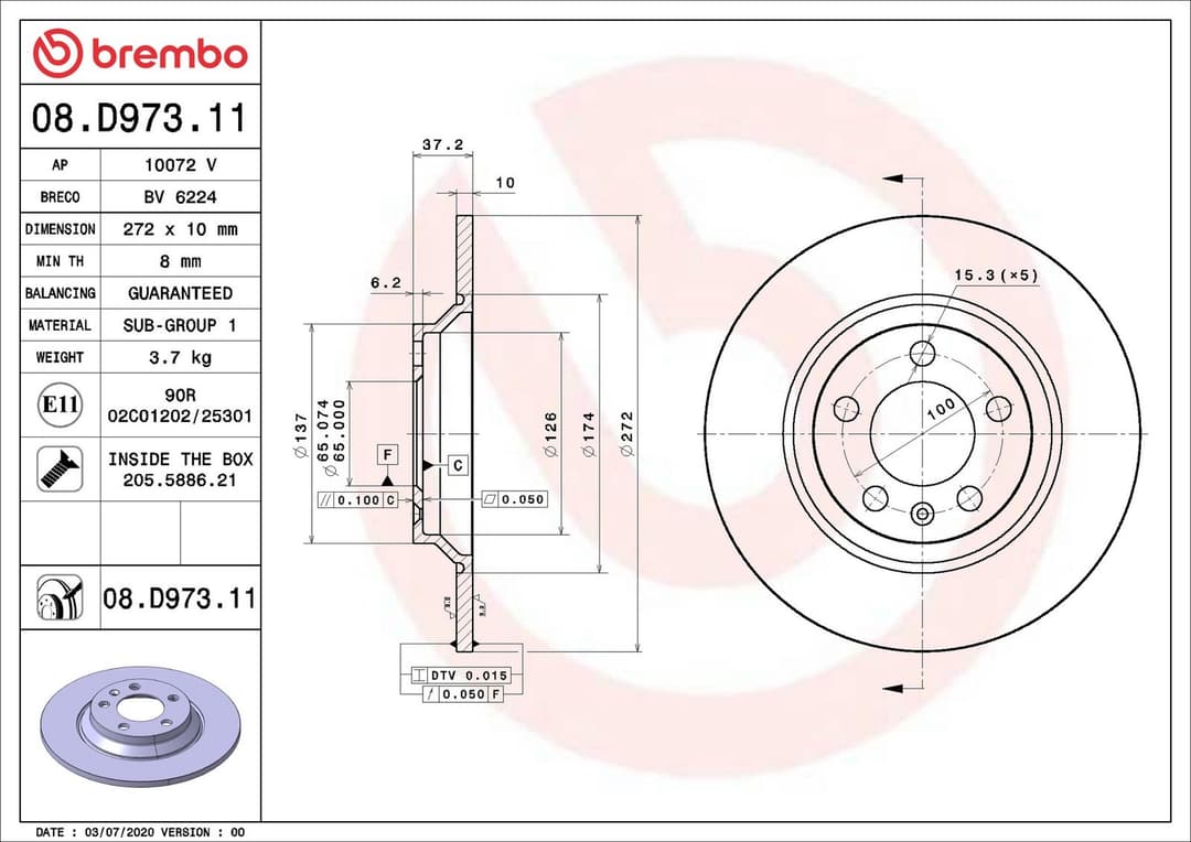 Disc frana BREMBO PRIME LINE - UV Coated 08.D973.11