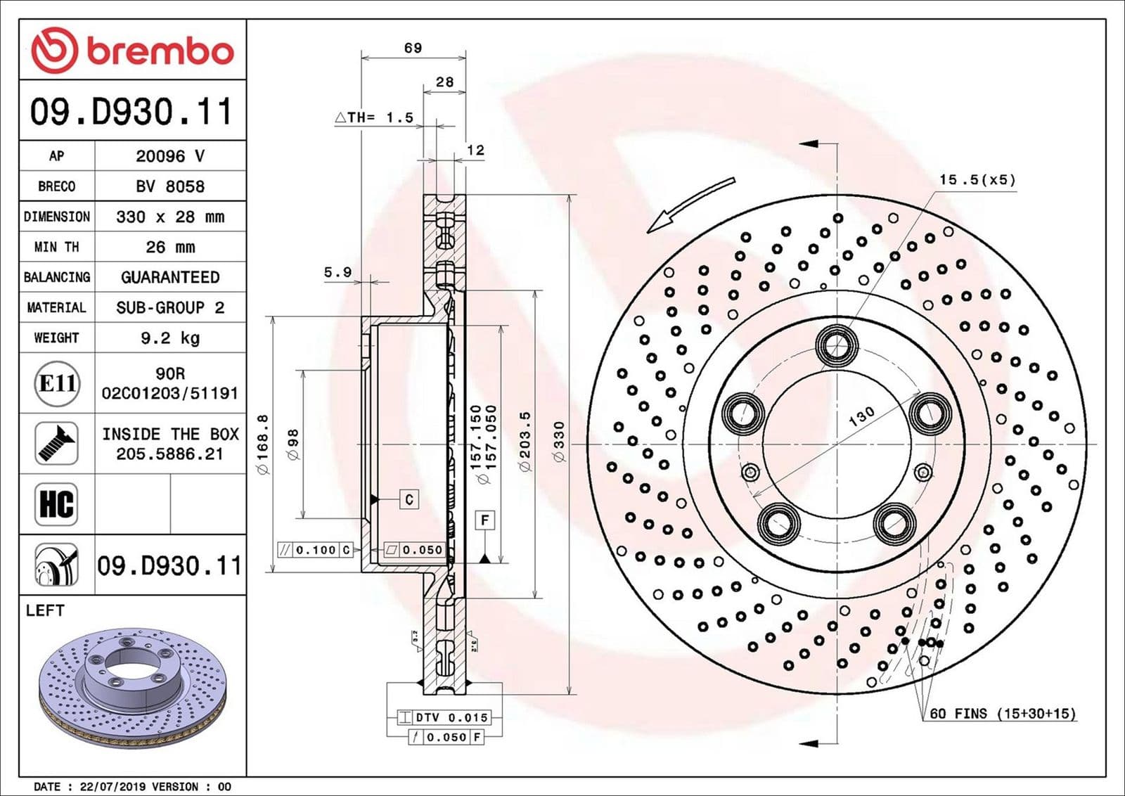 Disc frana BREMBO PRIME LINE - UV Coated 09.D930.11