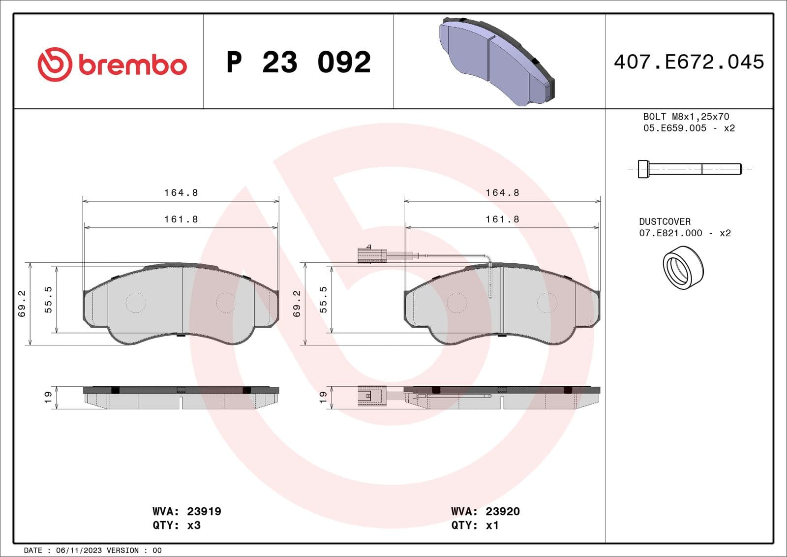 set placute frana,frana disc BREMBO P 23 092