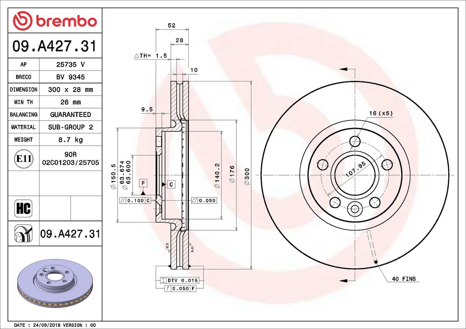 Disc frana BREMBO PRIME LINE - UV Coated 09.A427.31