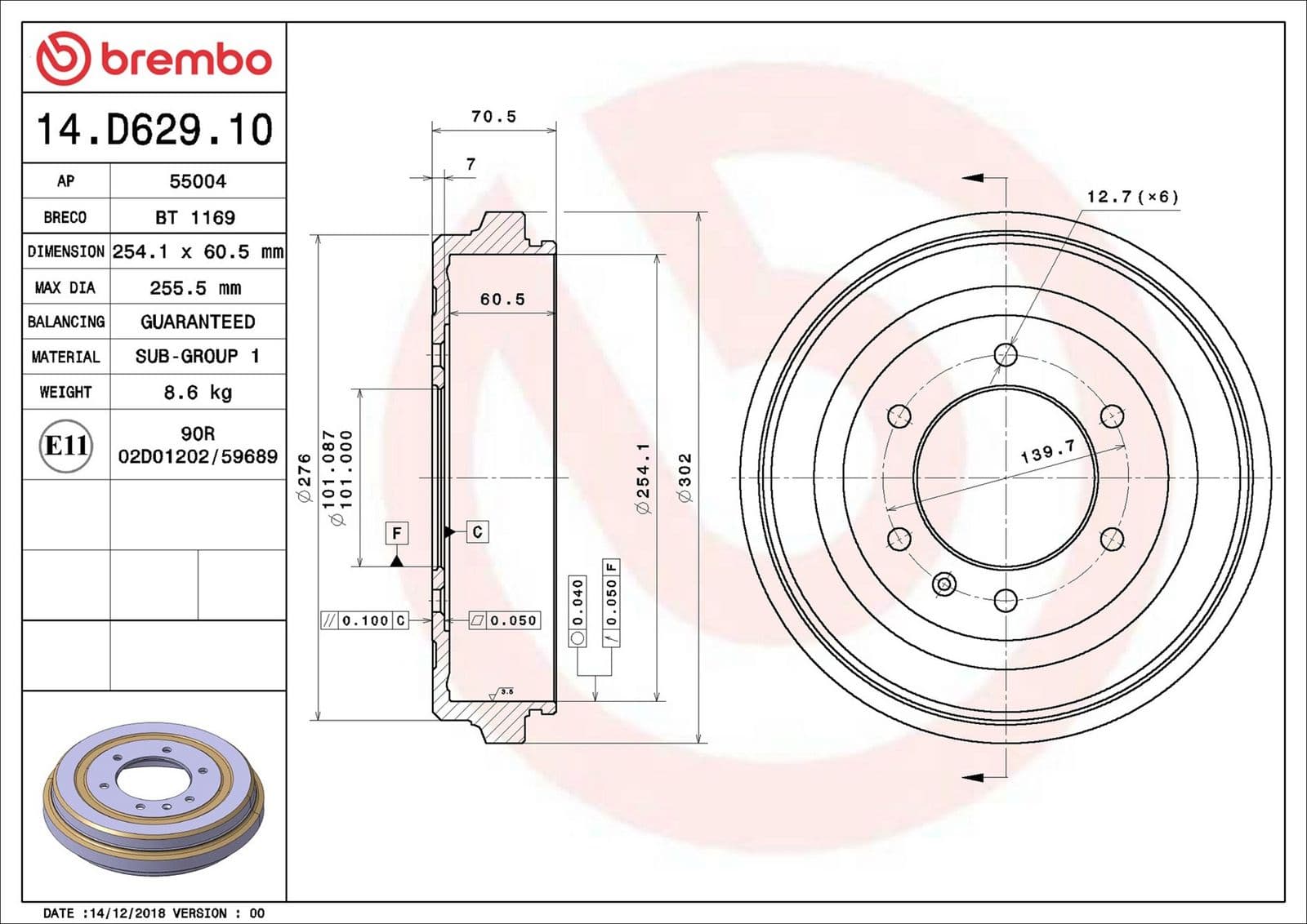 Tambur frana BREMBO 14.D629.10
