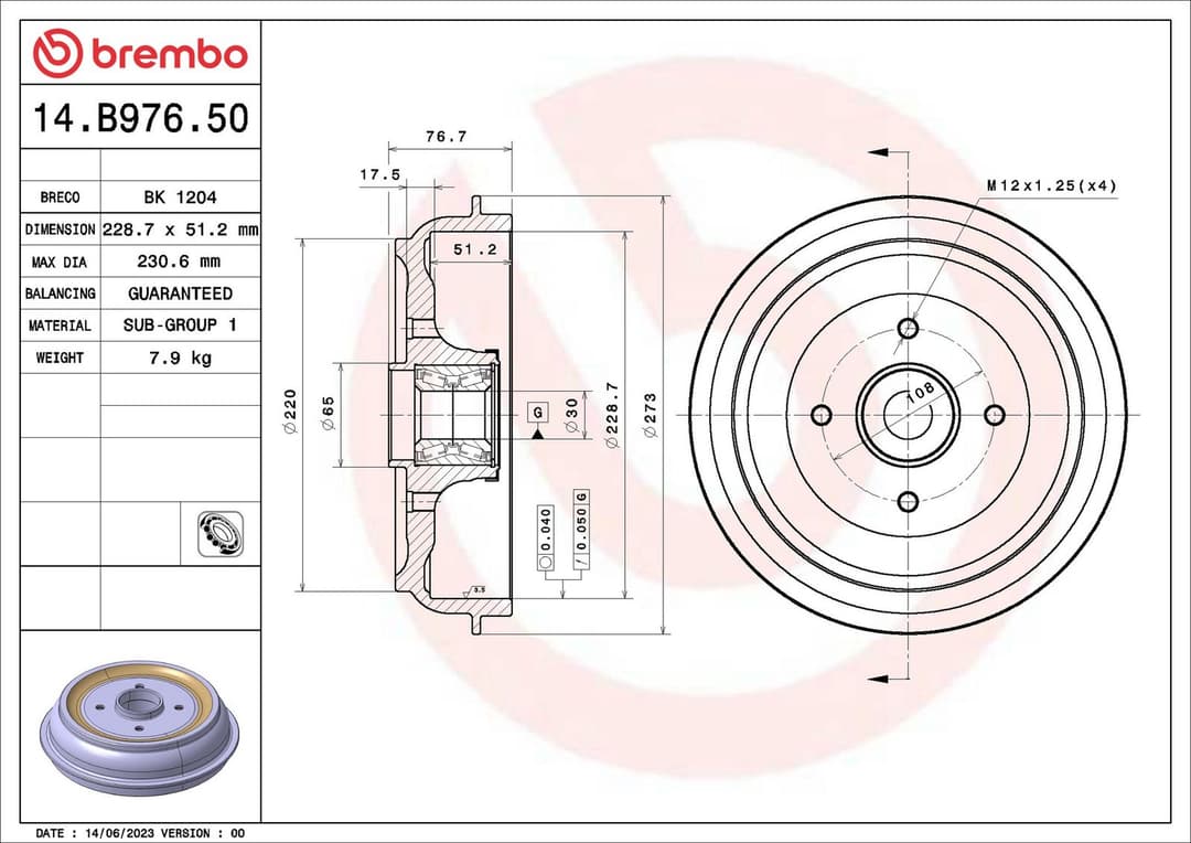 Tambur frana BREMBO ESSENTIAL LINE - With Bearing Kit 14.B976.50