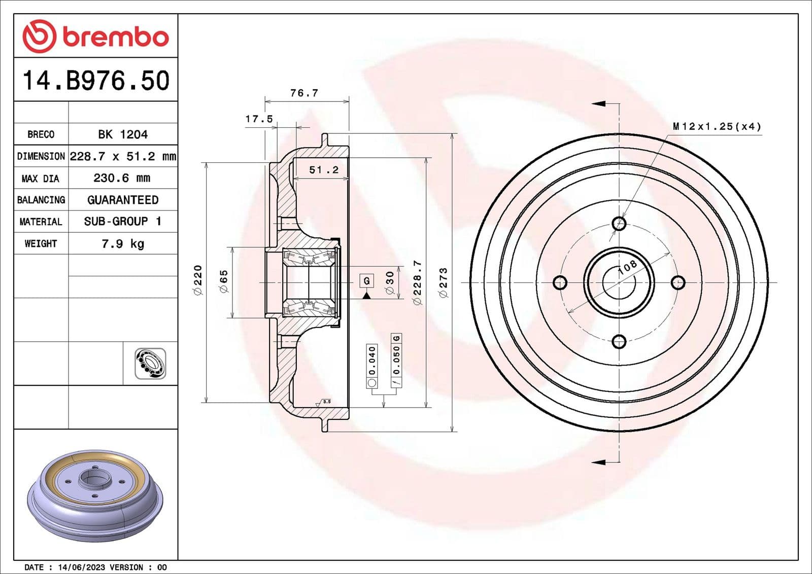 Tambur frana BREMBO ESSENTIAL LINE - With Bearing Kit 14.B976.50