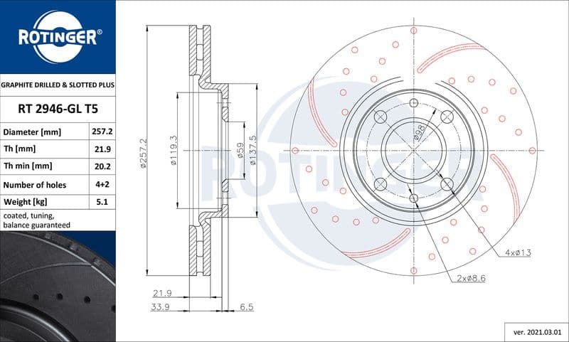 Disc frana ROTINGER GRAPHITE DRILLED & SLOTTED PLUS RT 2946-GL T5
