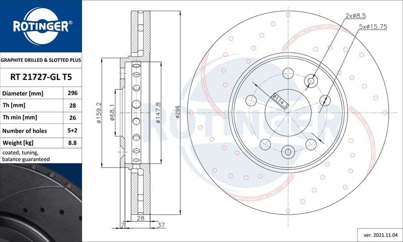 Disc frana ROTINGER GRAPHITE DRILLED & SLOTTED PLUS RT 21727-GL T5