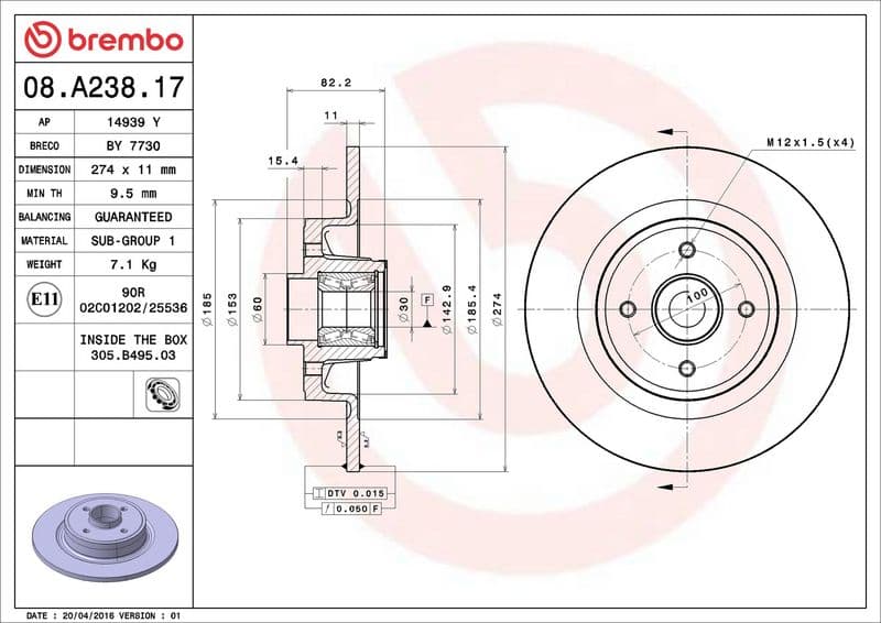 Disc frana BREMBO PRIME LINE - With Bearing Kit 08.A238.17