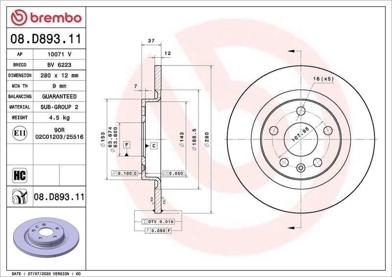 Disc frana BREMBO PRIME LINE - UV Coated 08.D893.11