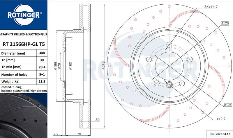 Disc frana ROTINGER GRAPHITE DRILLED & SLOTTED PLUS RT 21566HP-GL T5