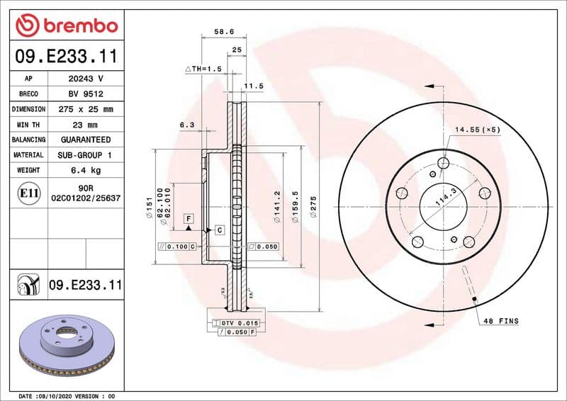 Disc frana BREMBO PRIME LINE - UV Coated 09.E233.11