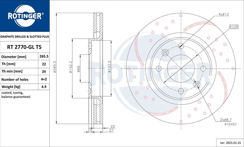 Disc frana ROTINGER GRAPHITE DRILLED & SLOTTED PLUS RT 2770-GL T5