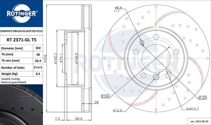 Disc frana ROTINGER GRAPHITE DRILLED & SLOTTED PLUS RT 2371-GL T5