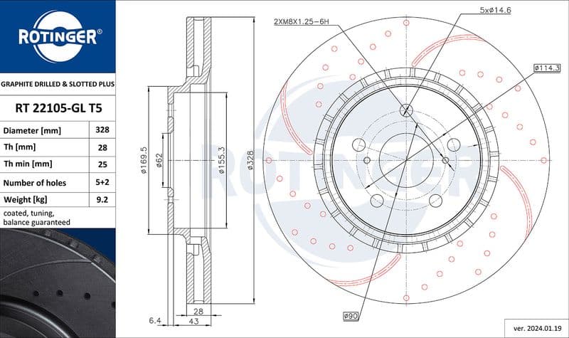 Disc frana ROTINGER GRAPHITE DRILLED & SLOTTED PLUS RT 22105-GL T5