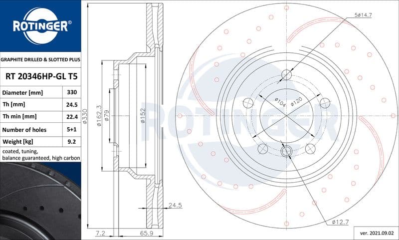 Disc frana ROTINGER GRAPHITE DRILLED & SLOTTED PLUS RT 20346HP-GL T5