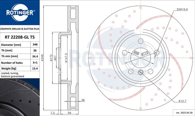 Disc frana ROTINGER GRAPHITE DRILLED & SLOTTED PLUS RT 22208-GL T5
