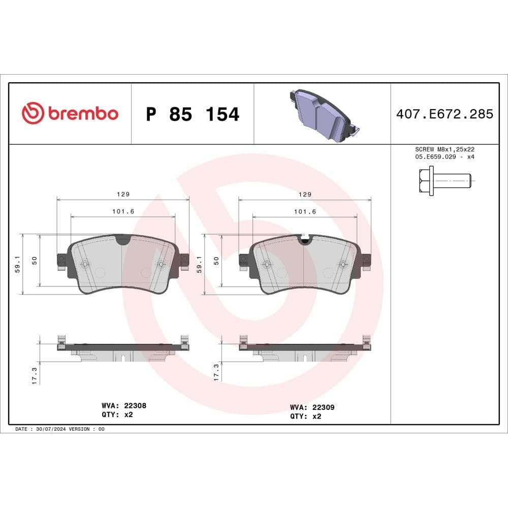 Set placute frana disc BREMBO P 85 154
