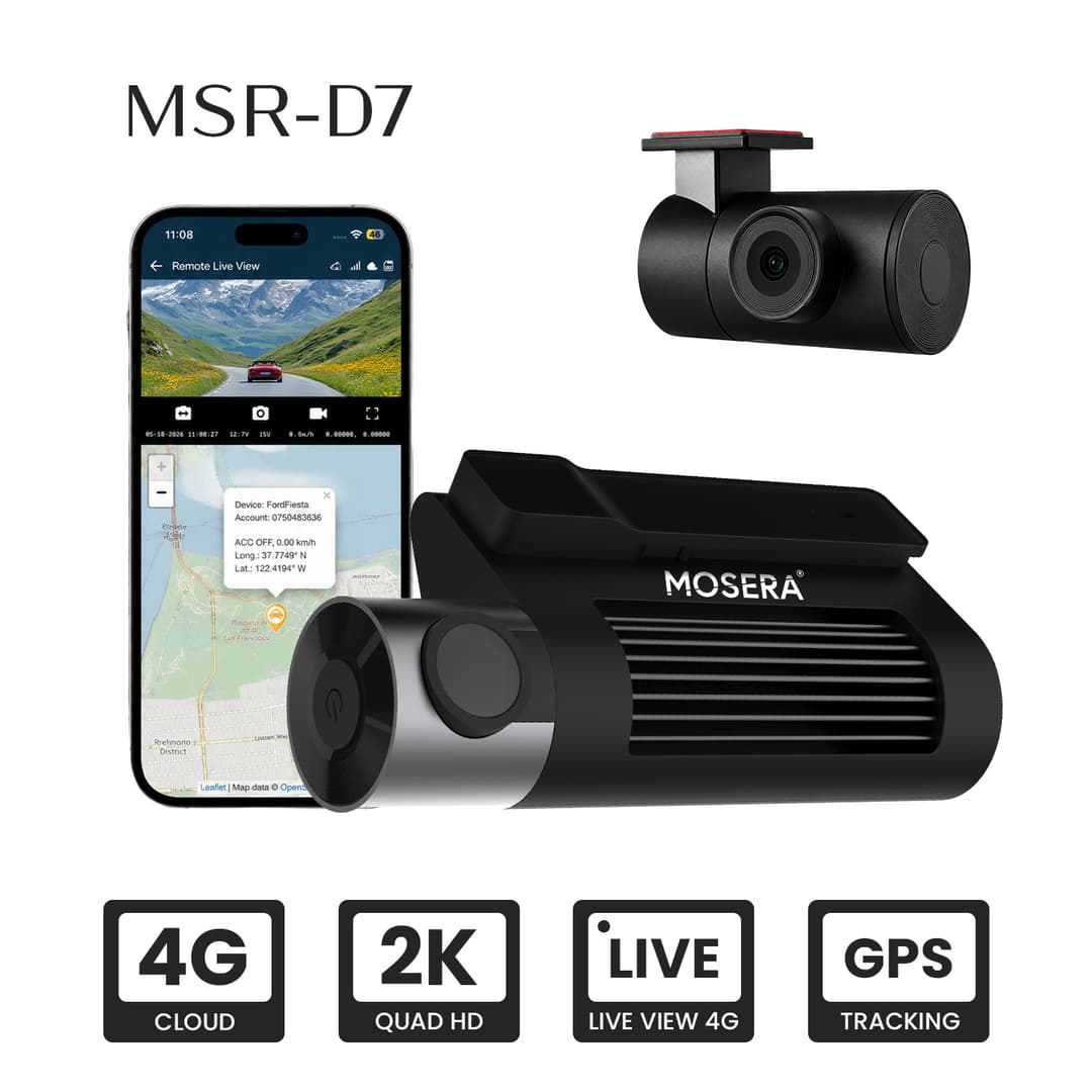 Camera auto DVR MOSERA D7 4G Cloud 2K, GPS, Wi-Fi, monitorizare live din aplicație, Night Vision, unghi 140 , cameră spate Full HD 1080P