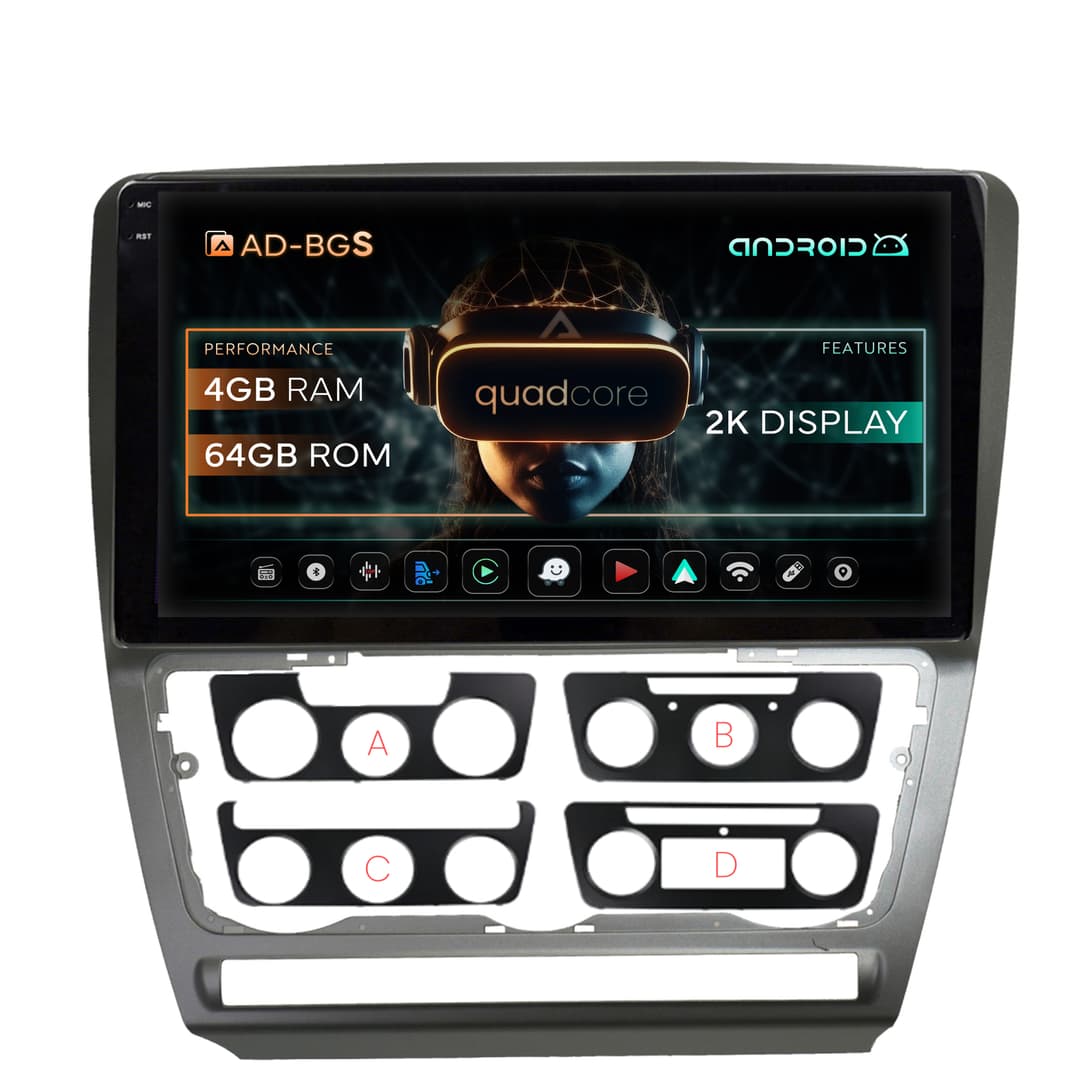Navigatie 2K Skoda Octavia 2, Android, S-Quadcore 4GB RAM + 64GB ROM, 10.36 Inch - AD-BGS100042K+AD-BGRKIT048