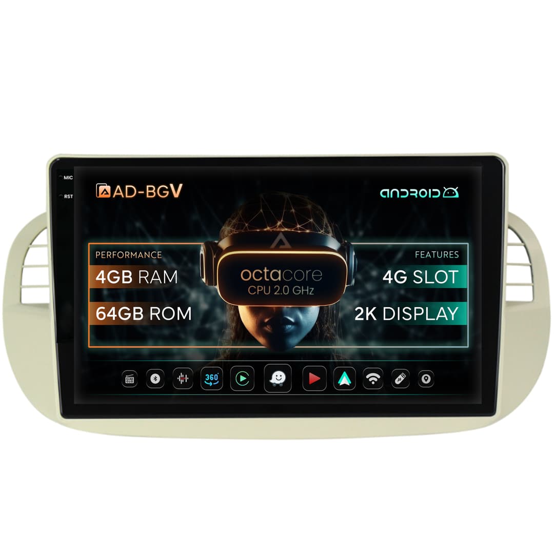 Navigatie Fiat 500 (2007-2014), Android, V-Octacore 4GB RAM + 64GB ROM, 9.5 Inch - AD-BGV9004+AD-BGRKIT362V2