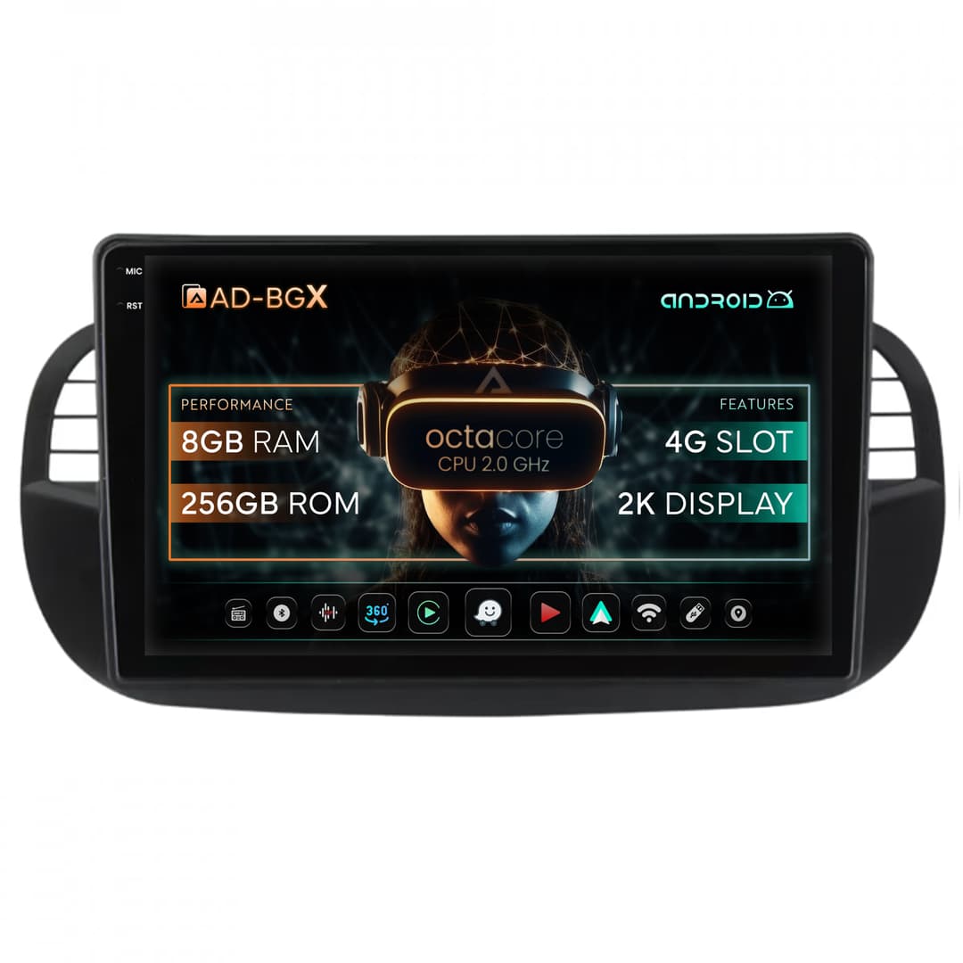 Navigatie Fiat 500 (2007-2014), Android, X-Octacore 8GB RAM + 256GB ROM, 9.5 Inch - AD-BGX9008+AD-BGRKIT362V3