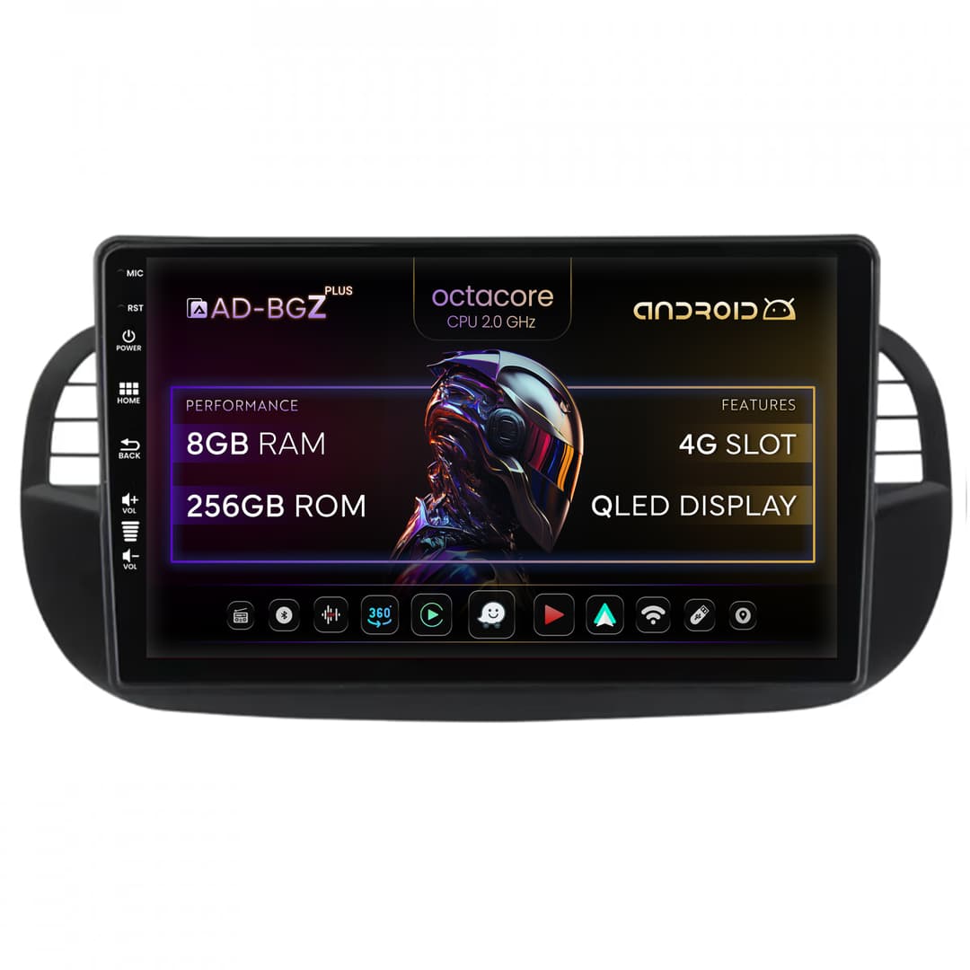 Navigatie Fiat 500 (2007-2014), Android, Z-Octacore 8GB RAM + 256GB ROM, 9 Inch - AD-BGZ9008+AD-BGRKIT362V3