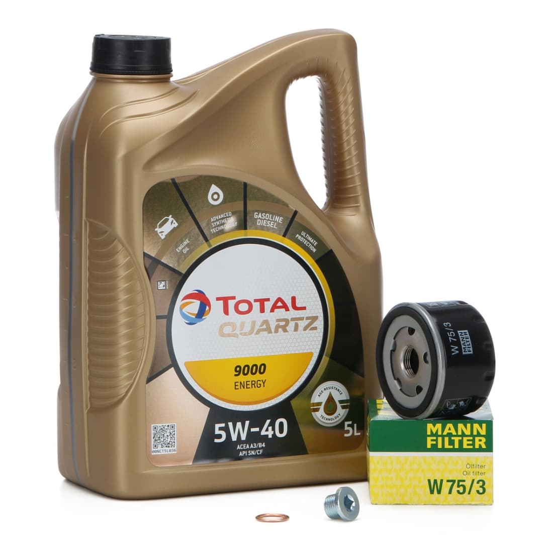 Pachet Revizie Ulei Motor Total Quartz 9000 Energy 5W-40 5L + Filtru Ulei Mann Filter Renault Twingo 1 1993-2012 W75 3 + Buson Golire Baie Ulei Fa1