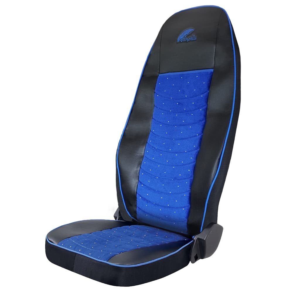 Set huse scaun truck Umbrella pentru Volvo Euro 5 piele ecologica neagra + velvet albastru