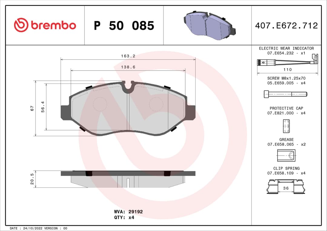 Set placute frana fata Brembo P 50 085 Mercedes EQV, Vito, Viano, Sprinter, V-Class, VW Crafter