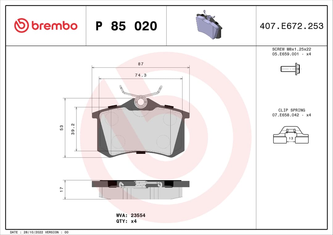 Set placute frana spate Brembo XTRA Line P 85 020X Audi, VW, Skoda, Seat, Ford, Renault, Peugeot