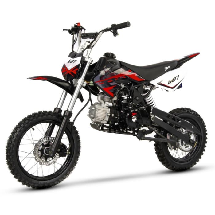 Motocicleta Cross Enduro copii 4T XTR 607M, 125cc, roti 14 12, pornire pedala starter, pedala schimbator, culoare negru rosu