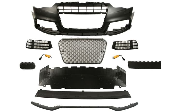 Bara Fata, cu grilaje, cu gauri pentru spalator de faruri, cu gauri pentru senzorii de parcare, crom negru grund potrivit AUDI A5 10.11-07.16