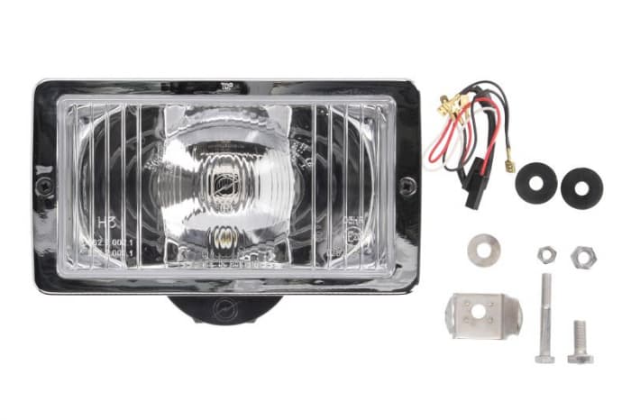 Far universal stanga dreapta (faza lunga, H3 T4W, 12 24V, latime 241mm, inaltime 135mm, alb, plastic, negru crom, lumini pozitie, lungime cablu: 150mm)